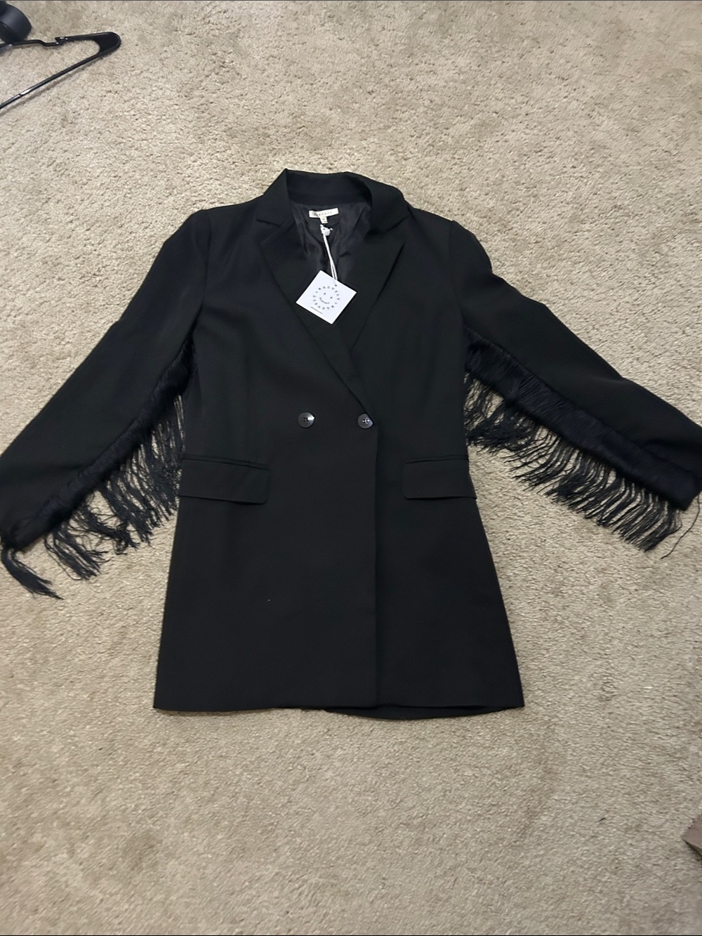 Baeverly Fringe-Trim Black Double-Breasted Women's Blazer Size Medium
